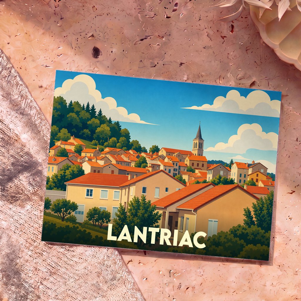 Carte postale souvenir de la ville de Lantriac avec une illustration stylisée et colorée de ses maisons et de son clocher.