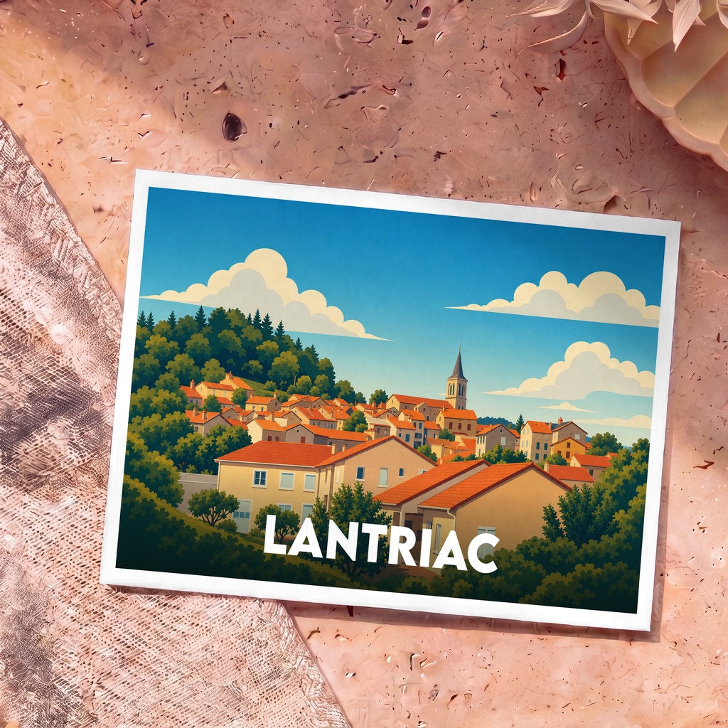 Carte postale souvenir de la ville de Lantriac avec une illustration stylisée et colorée de ses maisons et de son clocher.