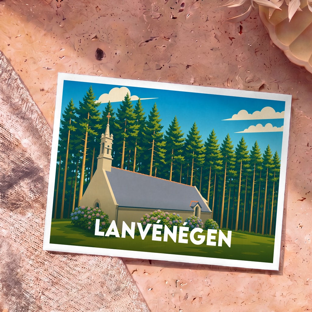 Carte postale souvenir de la ville de Lanvénégen avec une illustration stylisée d'une chapelle entourée de pins et d'hortensias.