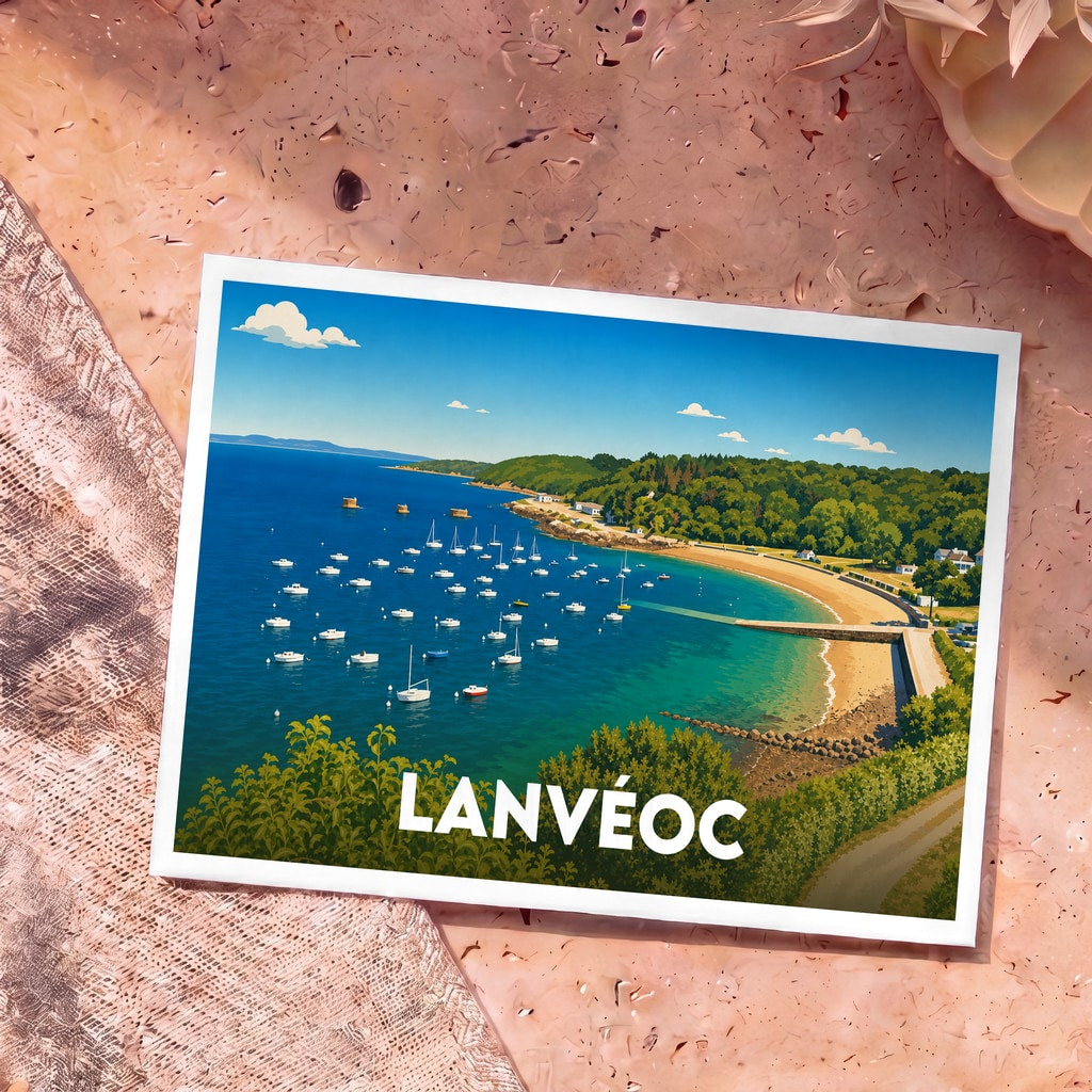Carte postale souvenir de la ville de Lanvéoc avec une illustration stylisée d'un port de plaisance.