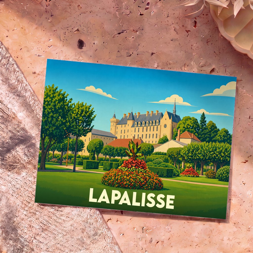 Carte postale souvenir de la ville de Lapalisse avec une illustration stylisée de son château et de ses jardins fleuris.