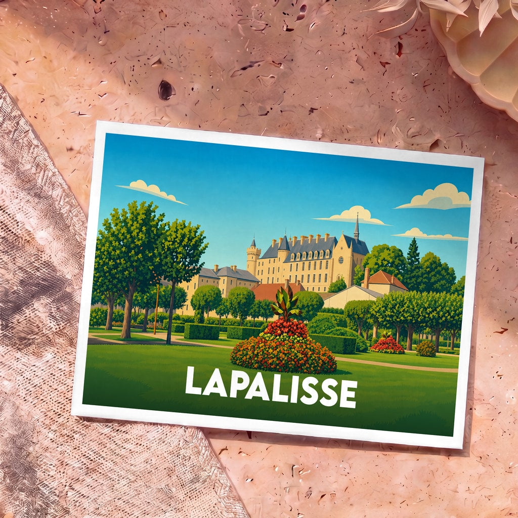 Carte postale souvenir de la ville de Lapalisse avec une illustration stylisée de son château et de ses jardins fleuris.