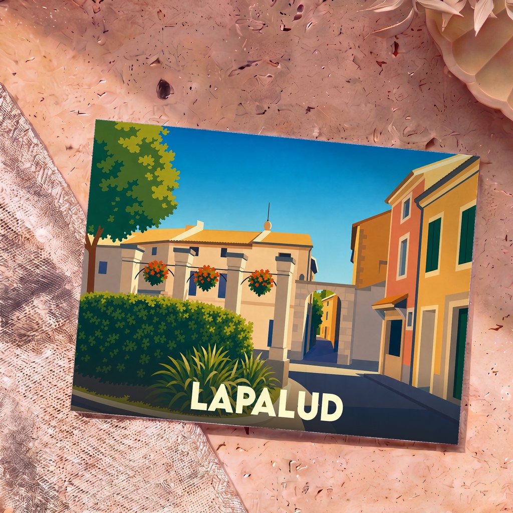 Carte postale souvenir de la ville de Lapalud avec une illustration stylisée et colorée de ses rues.