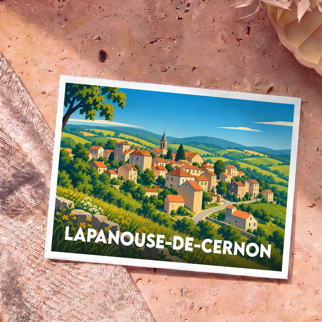 Carte postale souvenir de la ville de Lapanouse-de-Cernon avec une illustration stylisée de son village vallonné.