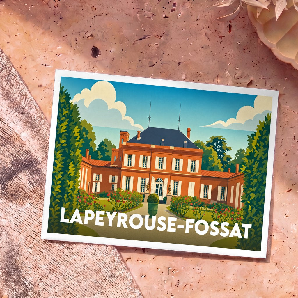Carte postale souvenir de la ville de Lapeyrouse-Fossat avec une illustration stylisée de château.