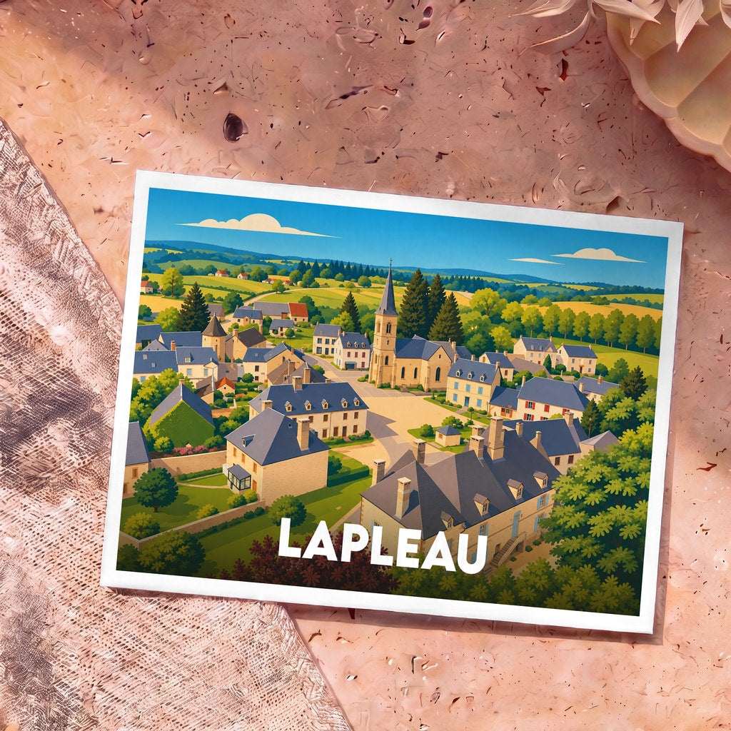 Carte postale souvenir de la ville de Lapleau avec une illustration colorée et stylisée de son village.