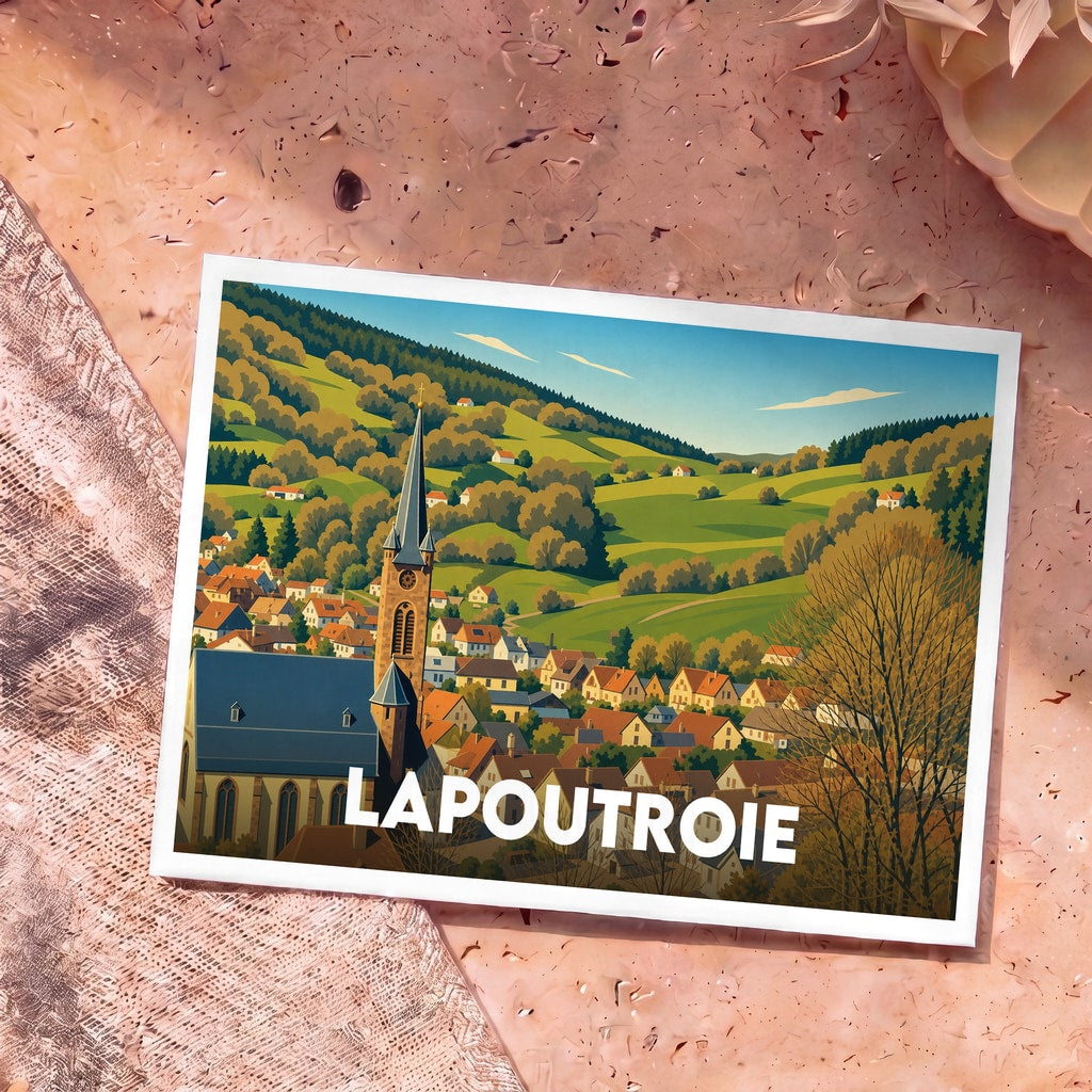 Carte postale souvenir de la ville de Lapoutroie présentant une illustration stylisée de son église et de ses collines verdoyantes.