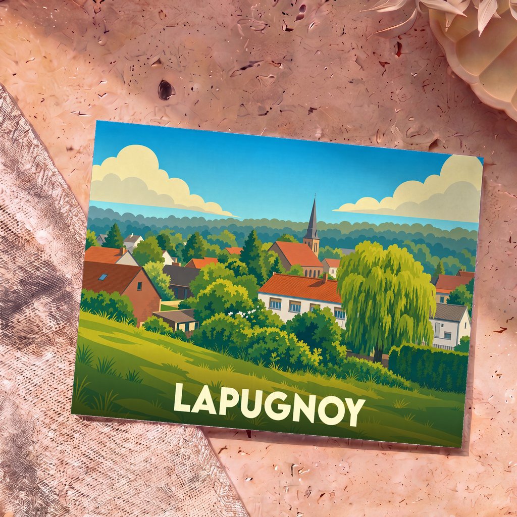 Carte postale souvenir de la ville de Lapugnoy avec une illustration stylisée et colorée.