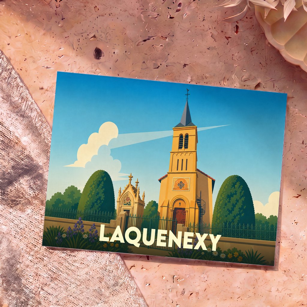 Carte postale souvenir de la ville de Laquenexy avec une illustration stylisée de son église et ses jardins.