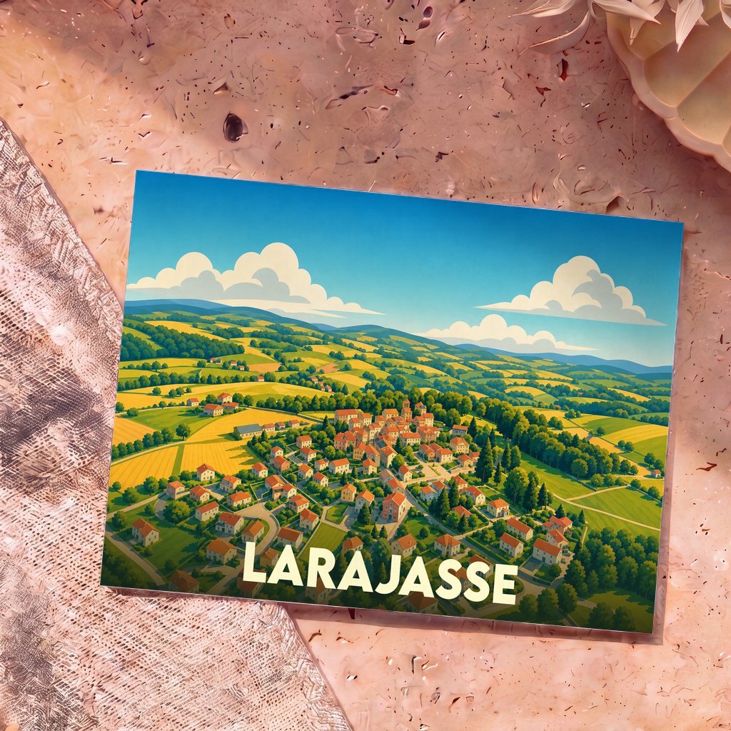 Carte postale souvenir de la ville de Larajasse avec une illustration stylisée de son paysage vallonné.