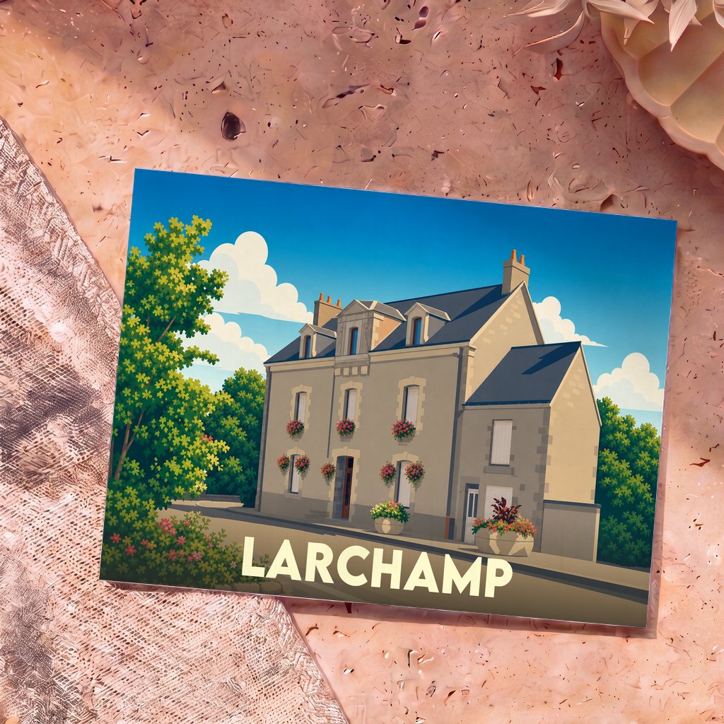 Carte postale souvenir de la ville de Larchamp avec une illustration stylisée d'un bâtiment fleuri.