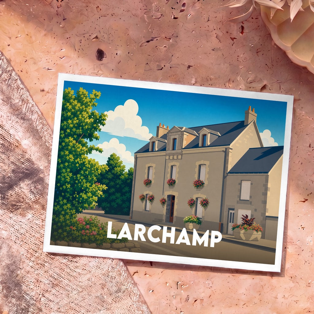 Carte postale souvenir de la ville de Larchamp avec une illustration stylisée d'un bâtiment fleuri.