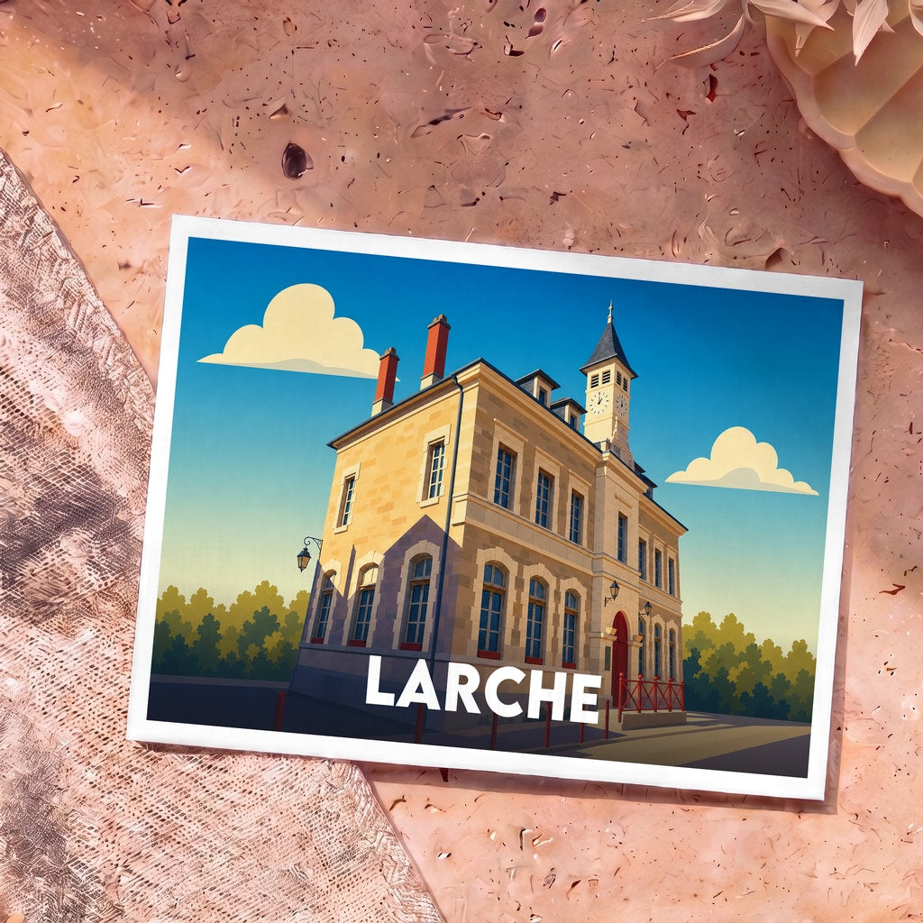 Carte postale souvenir de la ville de Larche illustrant son hôtel de ville dans un style graphique épuré.