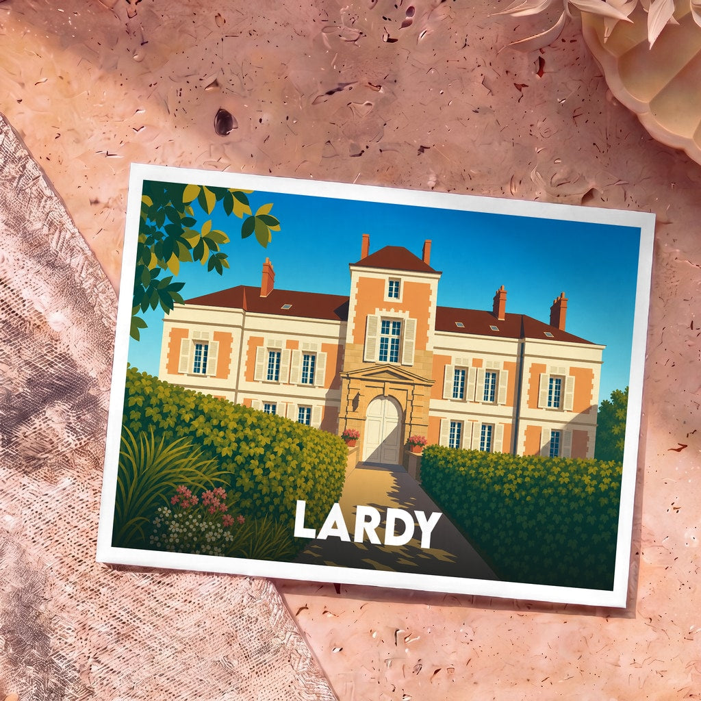 Carte postale souvenir de la ville de Lardy avec une illustration stylisée d'un château.