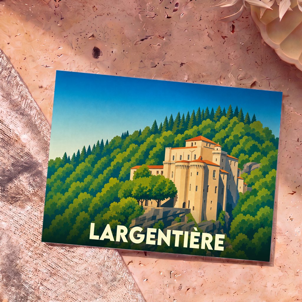 Carte postale souvenir de la ville de Largentière avec une illustration stylisée de son château médiéval niché dans une forêt.