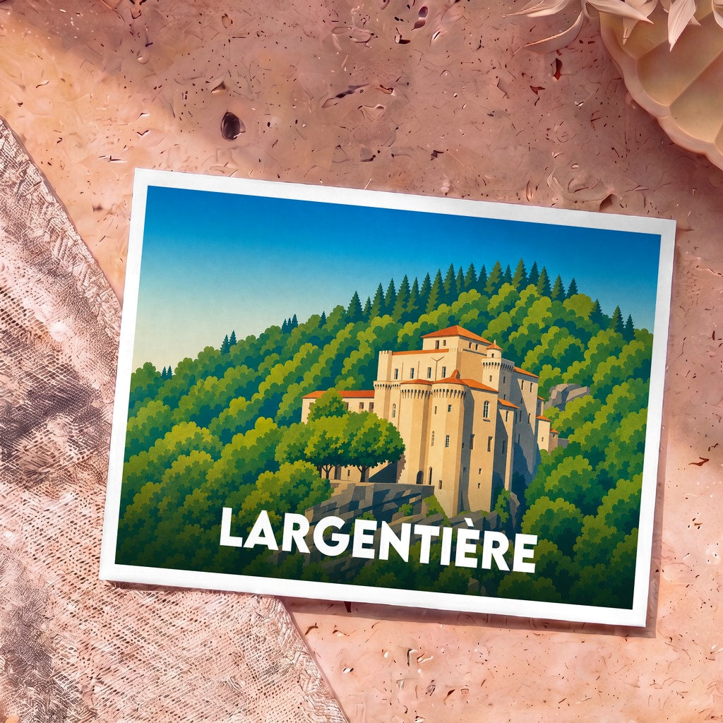 Carte postale souvenir de la ville de Largentière avec une illustration stylisée de son château médiéval niché dans une forêt.