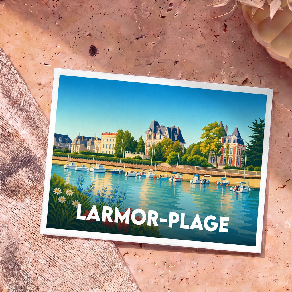 Carte postale souvenir de la ville de Larmor-Plage avec une illustration stylisée de son front de mer.