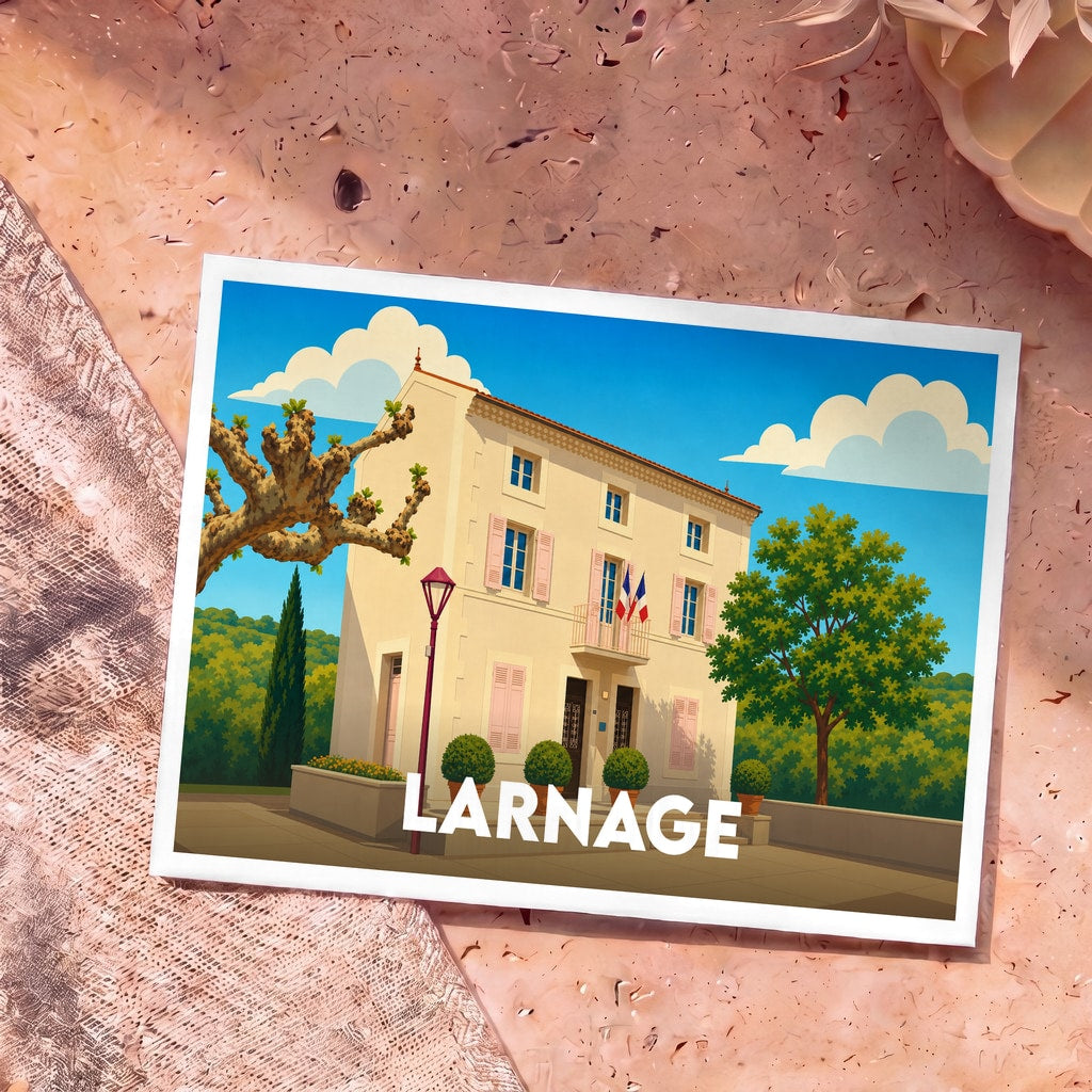 Carte postale souvenir de la ville de Larnage avec une illustration stylisée de sa mairie.