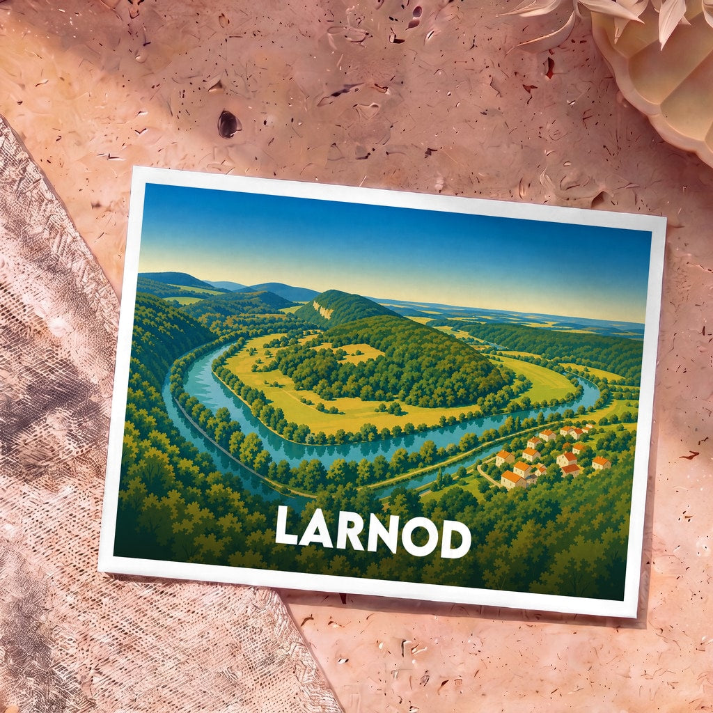 Carte postale souvenir de la ville de Larnod avec une illustration stylisée d'un méandre de rivière et de collines verdoyantes.