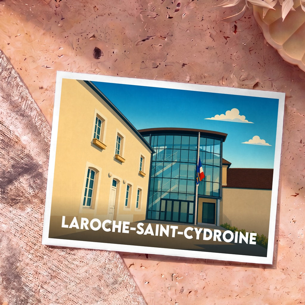 Carte postale souvenir de Laroche-Saint-Cydroine illustrant sa mairie au style moderne et coloré.