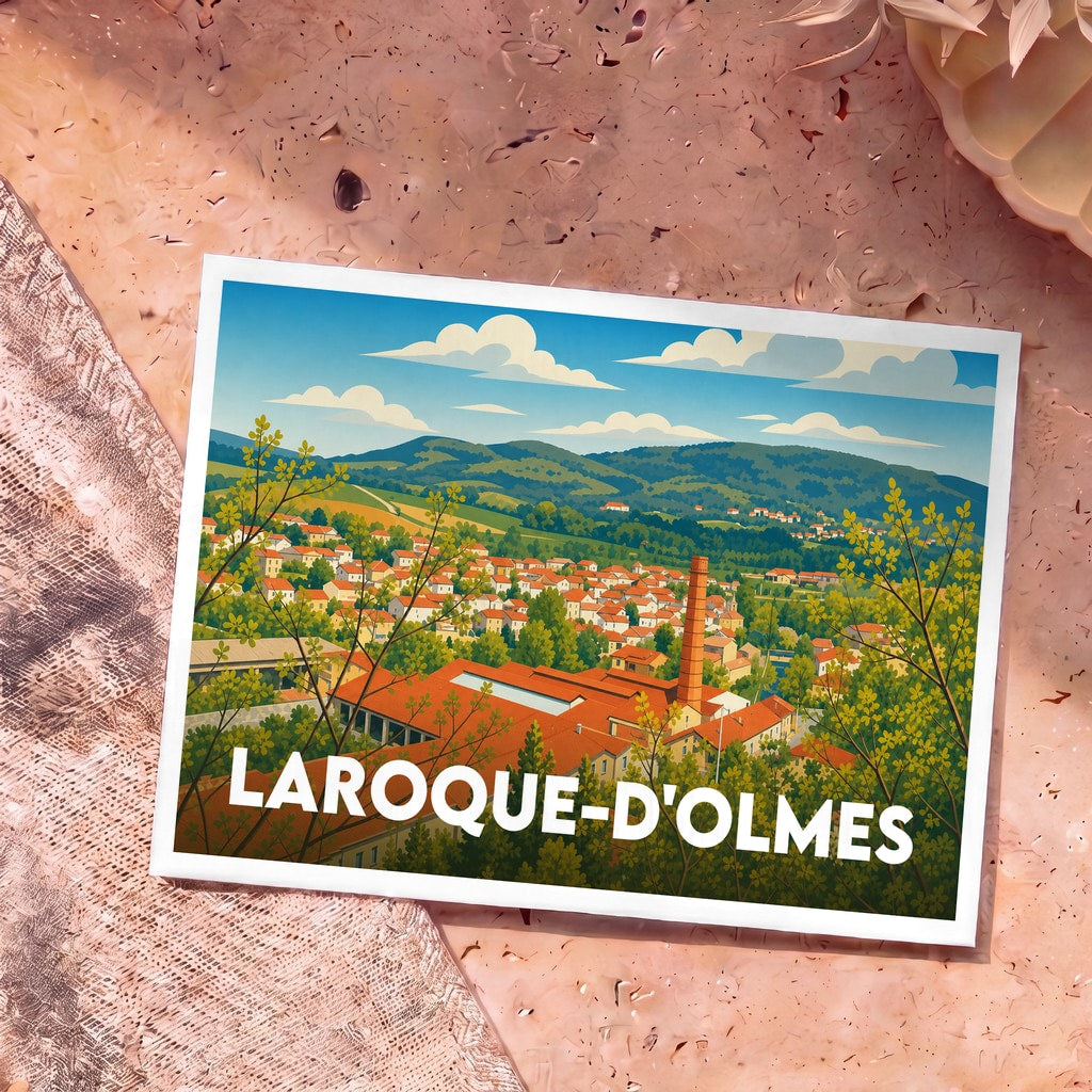 Carte postale souvenir de Laroque-d'Olmes illustrant une vue panoramique stylisée de la ville et de ses montagnes.