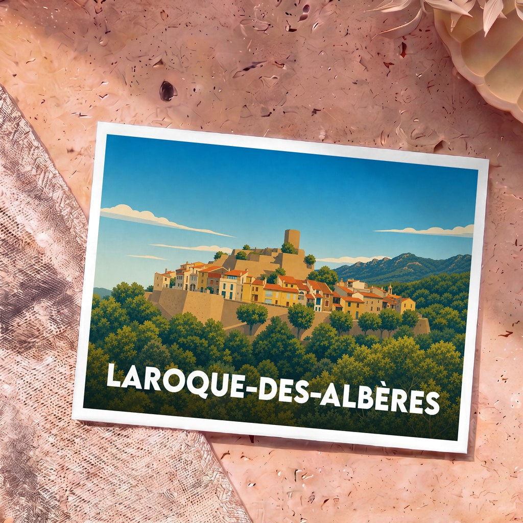 Carte postale souvenir de Laroque-des-Albères avec une illustration stylisée du village et de son château dominant la végétation.