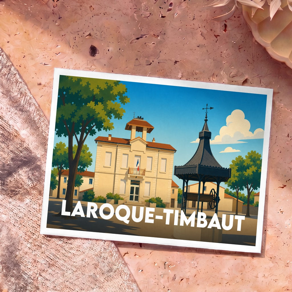 Carte postale souvenir de la ville de Laroque-Timbaut avec une illustration stylisée de la mairie et d'un puits ancien.