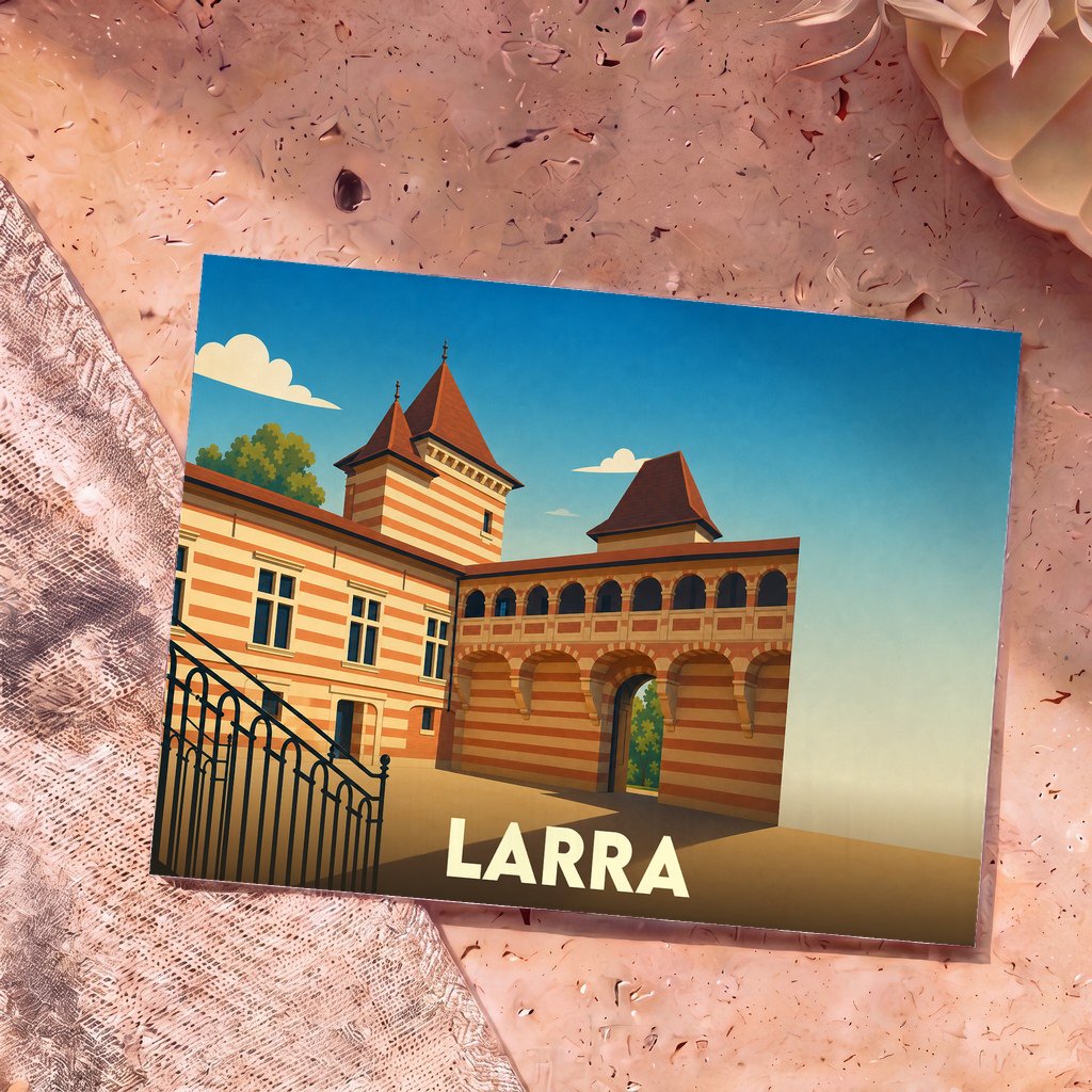 Carte postale souvenir de la ville de Larra avec une illustration stylisée d'un château aux rayures orangées.