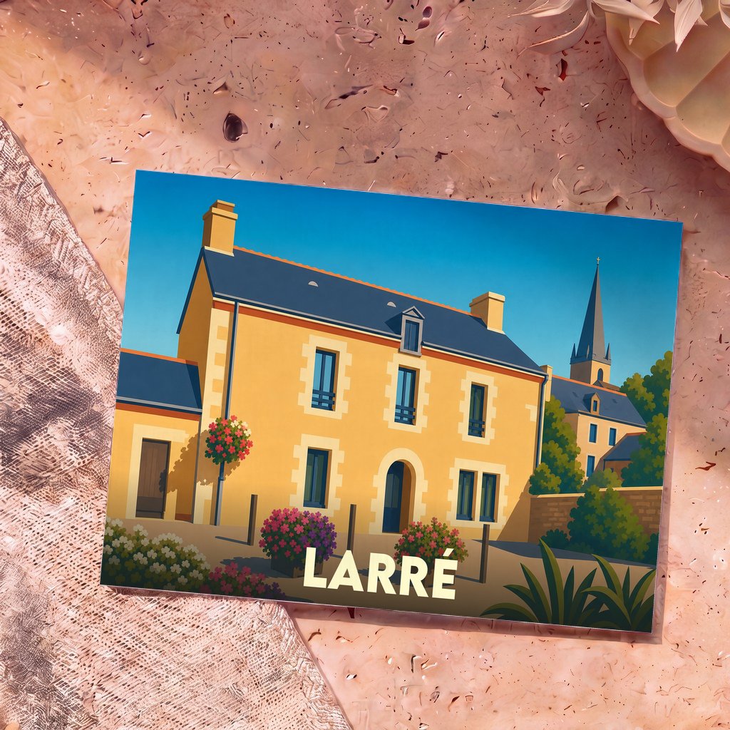 Carte postale souvenir de la ville de Larré avec une illustration stylisée d'une maison traditionnelle et du clocher de l'église.
