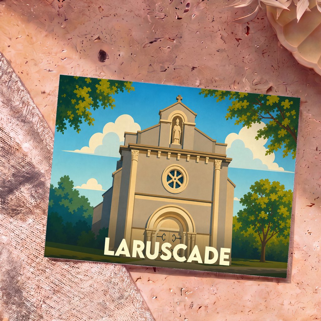 Carte postale souvenir de la ville de Laruscade avec une illustration stylisée de son église.