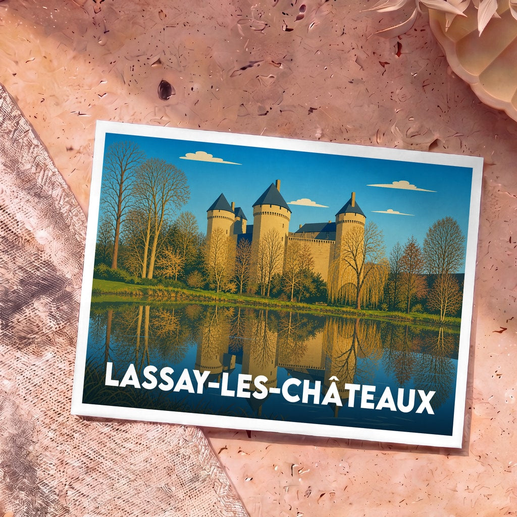 Carte postale souvenir de Lassay-les-Châteaux illustrant son château et ses reflets dans l'eau.