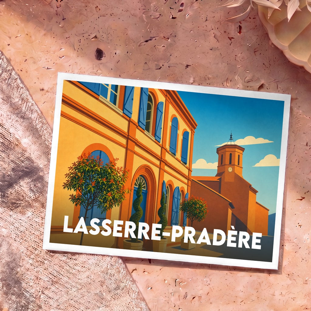 Carte postale souvenir de la ville de Lasserre-Pradère avec une illustration stylisée.