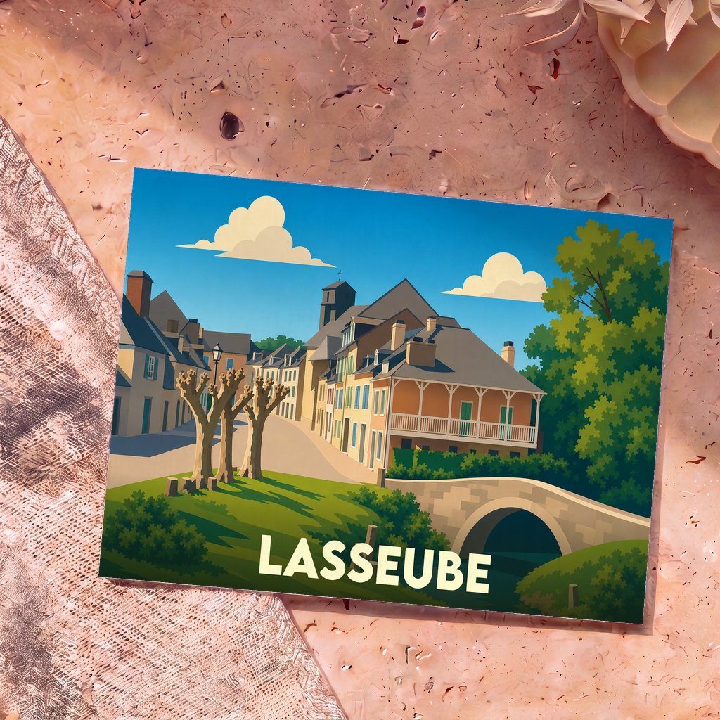 Carte postale souvenir de la ville de Lasseube avec une illustration stylisée et colorée de son architecture.