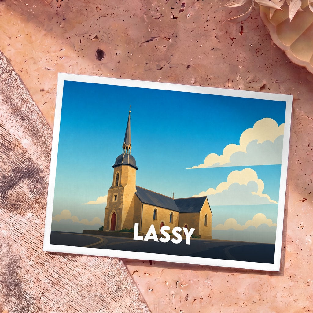 Carte postale souvenir de la ville de Lassy avec une illustration stylisée de son église sous un ciel bleu.