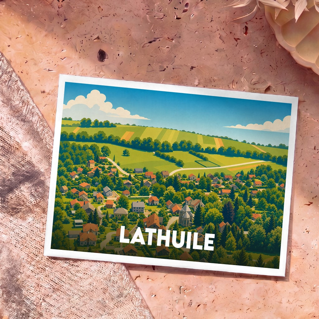 Carte postale souvenir de la ville de Lathuile avec une illustration stylisée d'un village dans un paysage verdoyant.