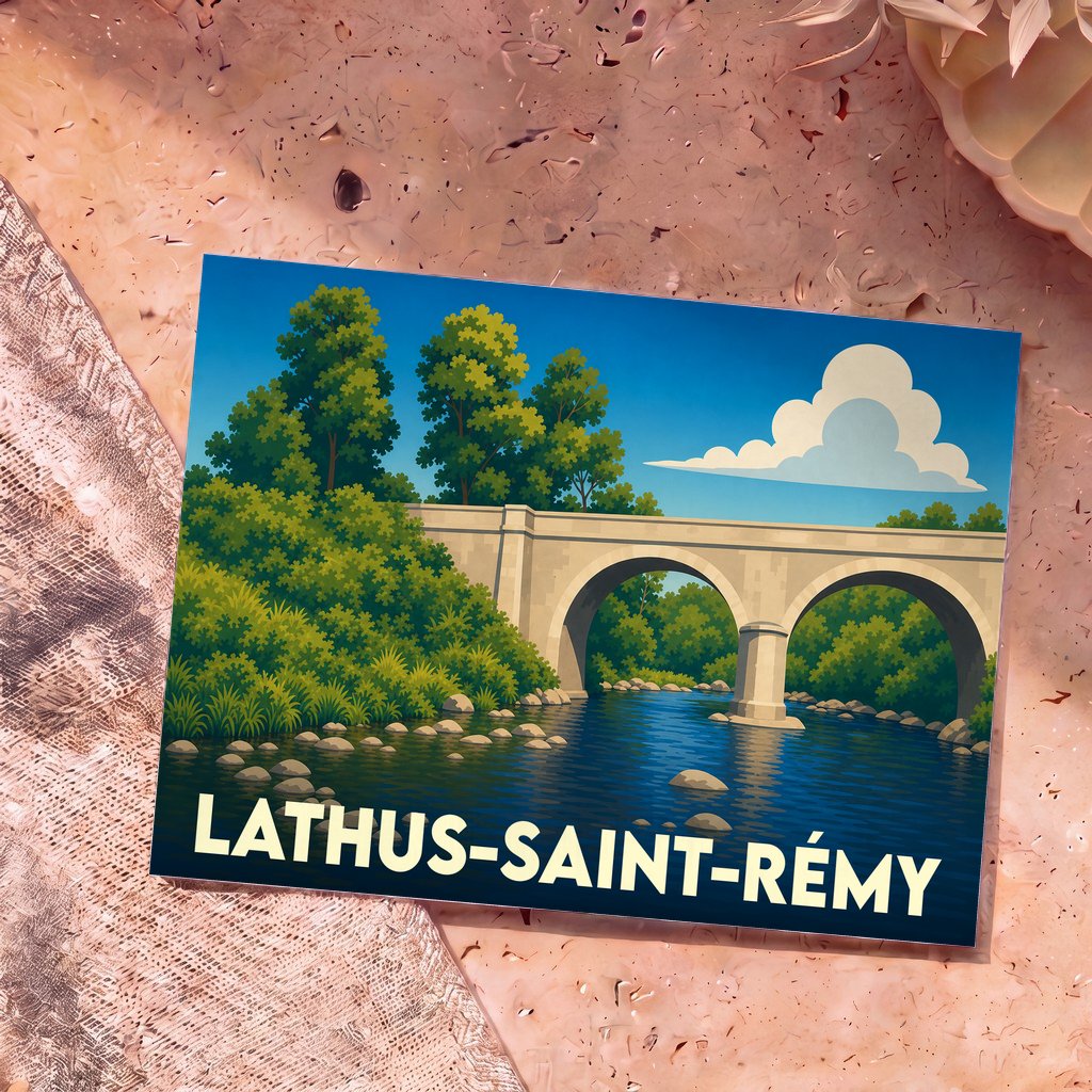 Carte postale souvenir de la ville de Lathus-Saint-Rémy illustrant un pont en pierre sur une rivière calme.