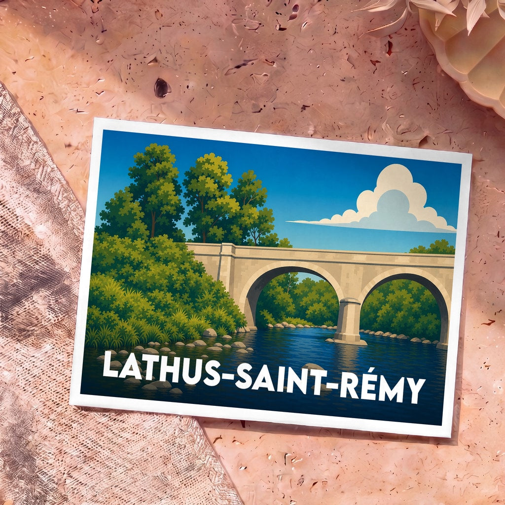 Carte postale souvenir de la ville de Lathus-Saint-Rémy illustrant un pont en pierre sur une rivière calme.