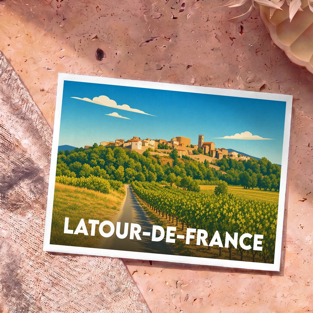Carte postale souvenir de la ville de Latour-de-France avec une illustration stylisée d'un vignoble et d'un village perché.