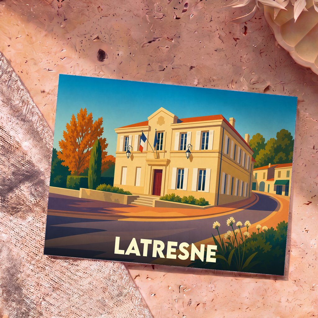 Carte postale souvenir de la ville de Latresne avec une illustration stylisée de sa mairie.