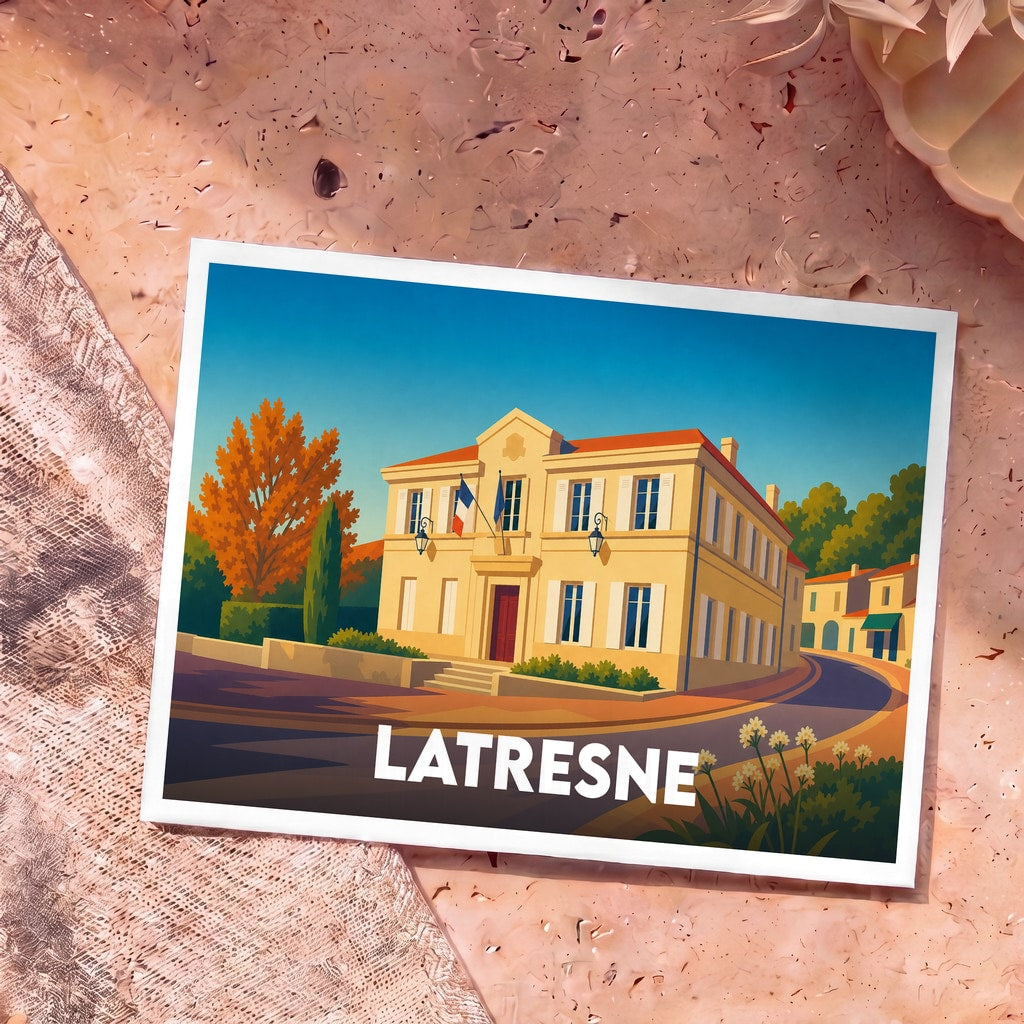 Carte postale souvenir de la ville de Latresne avec une illustration stylisée de son hôtel de ville.
