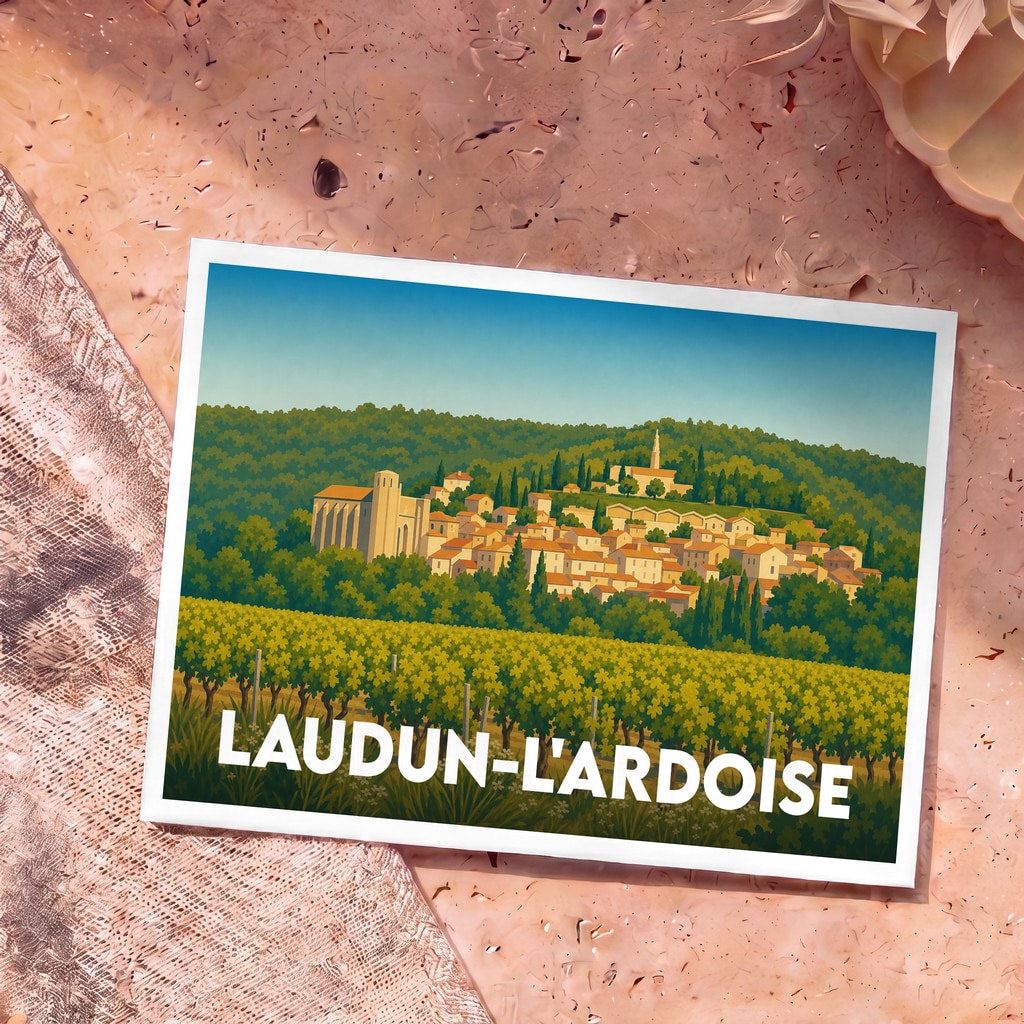 Carte postale souvenir de la ville de Laudun-l'Ardoise avec une illustration stylisée d'un vignoble et d'un village perché.