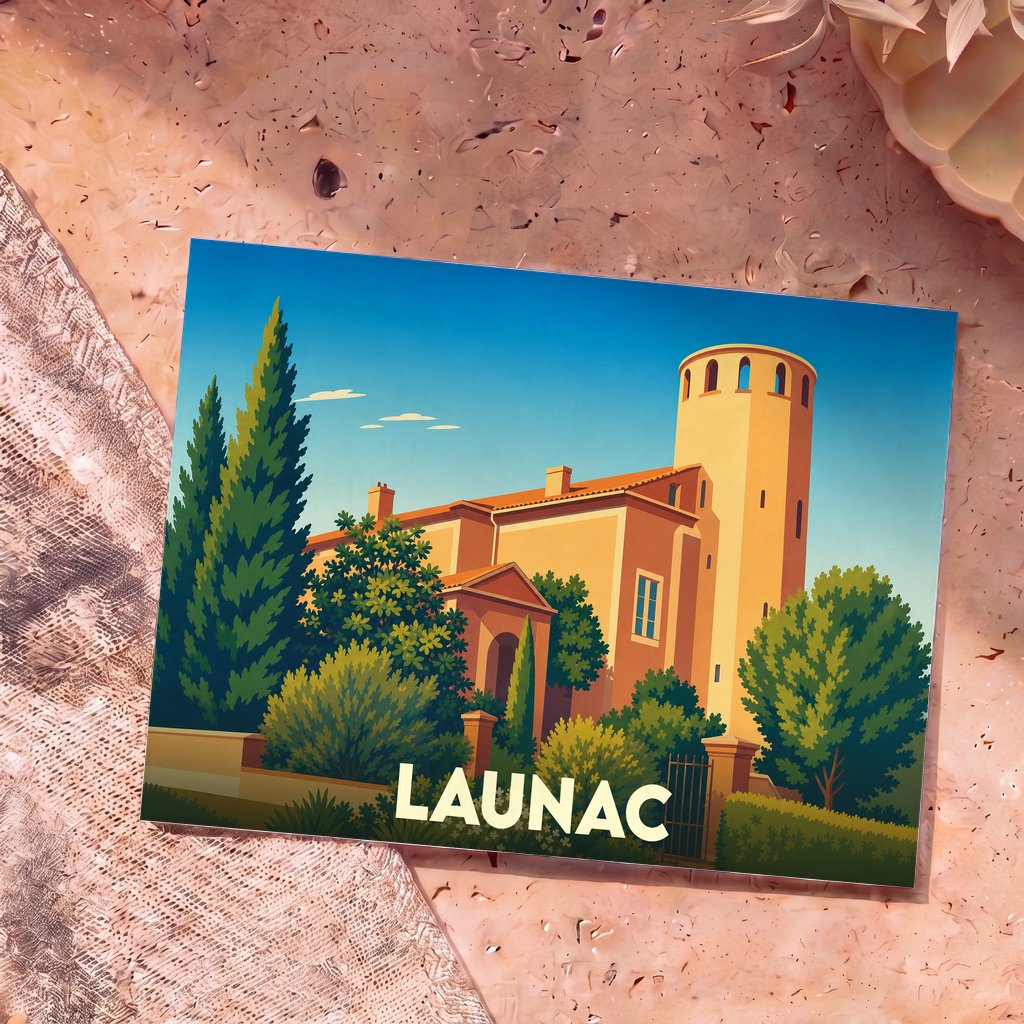 Carte postale souvenir de la ville de Launac avec une illustration stylisée de son château.