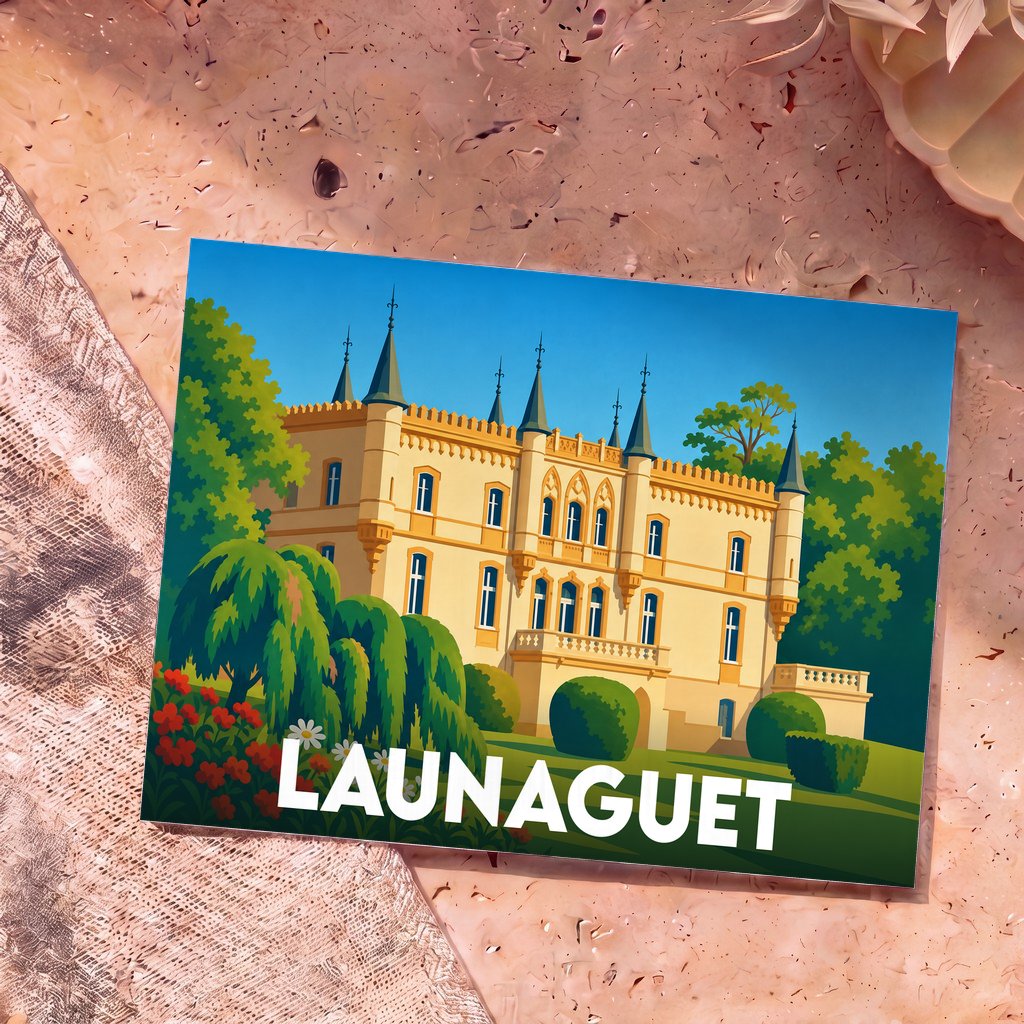 Carte postale souvenir de la ville de Launaguet illustrant son château dans un style graphique et coloré.