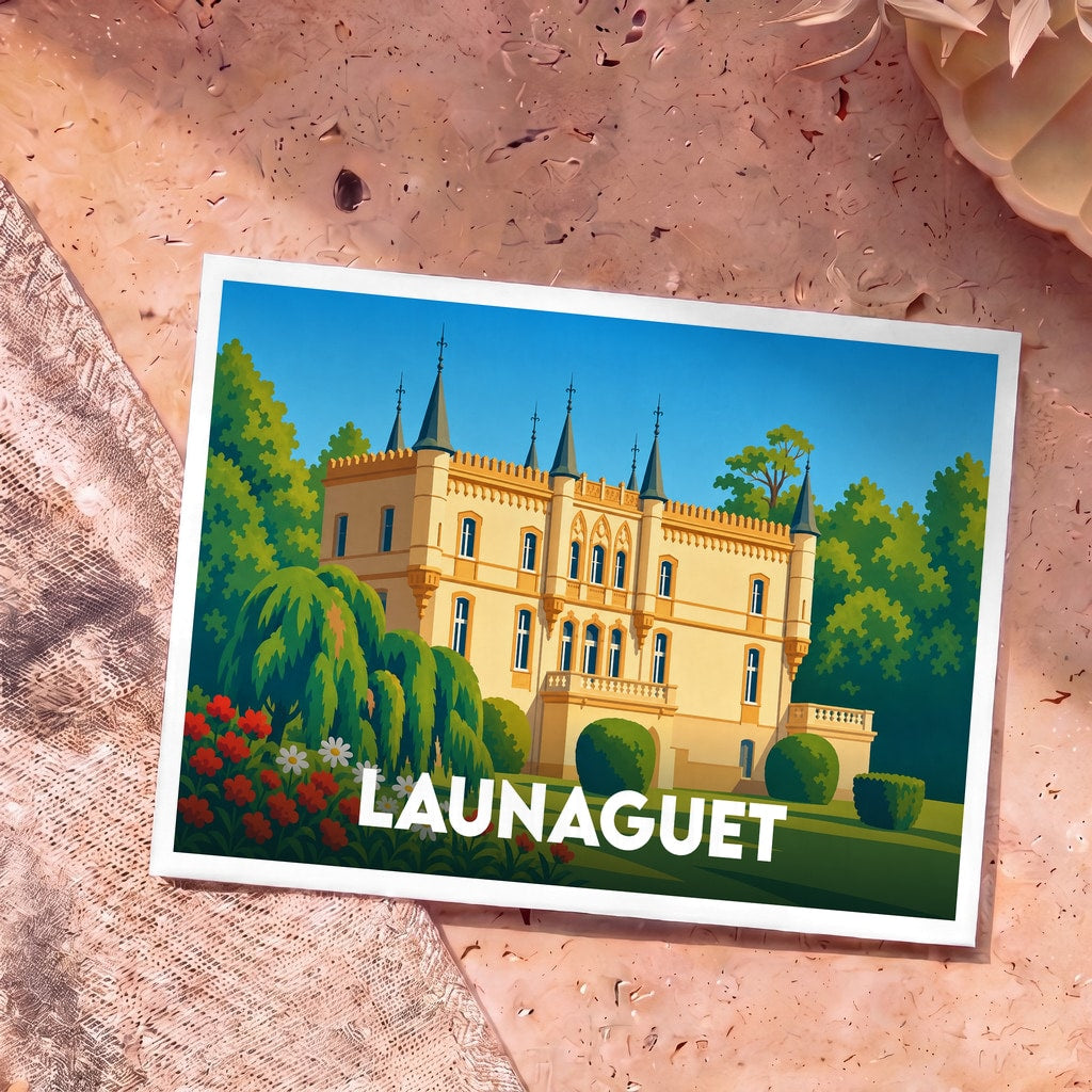 Carte postale souvenir de la ville de Launaguet illustrant son château dans un style graphique et coloré.