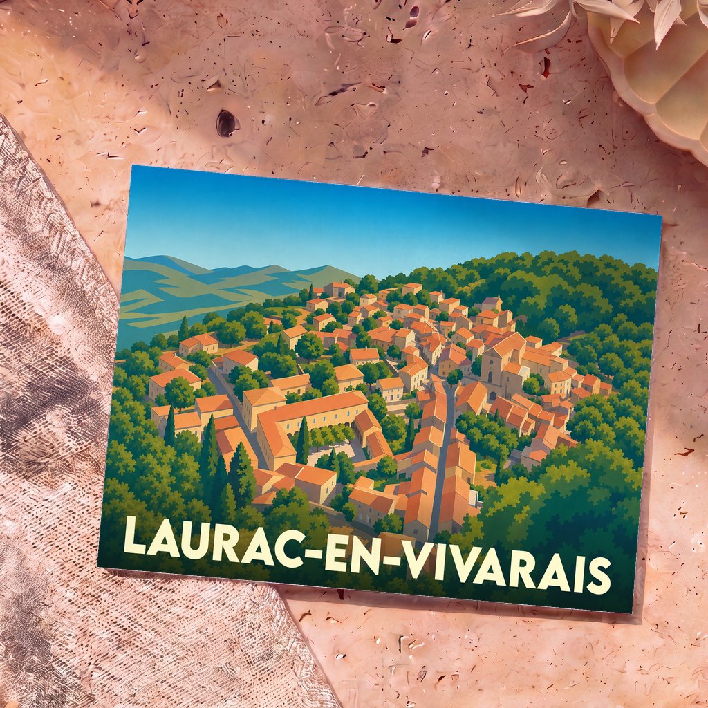 Carte postale souvenir de la ville de Laurac-en-Vivarais avec une illustration stylisée et colorée de son panorama.