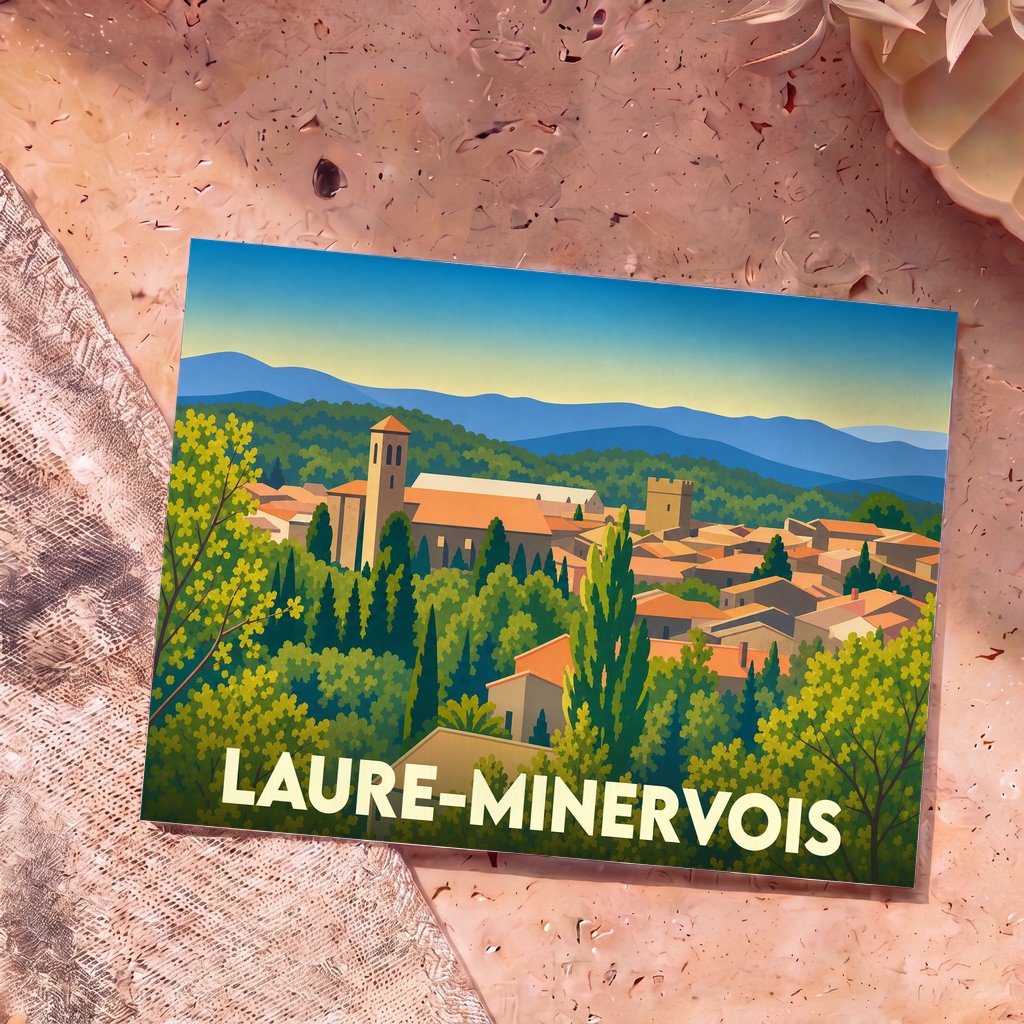 Carte postale souvenir de la ville de Laure-Minervois avec une illustration stylisée et colorée de son village.
