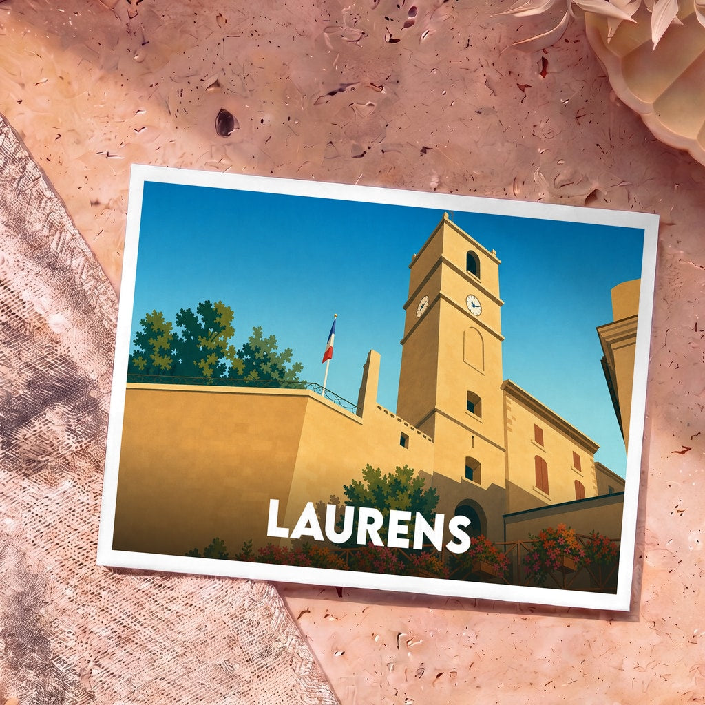 Carte postale souvenir de la ville de Laurens avec une illustration stylisée de son église et de son château.