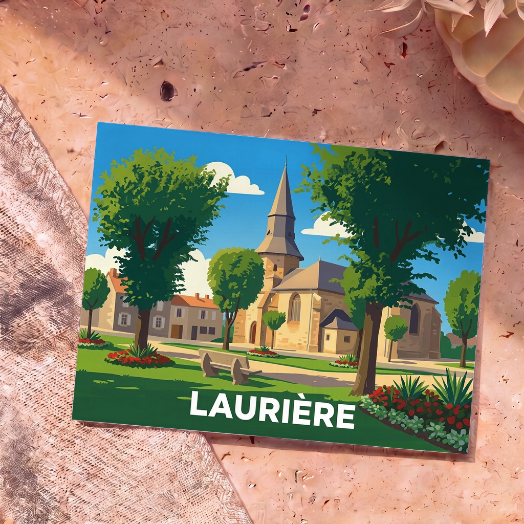 Carte postale souvenir de la ville de Laurière avec une illustration colorée et stylisée de son église et de son parc.