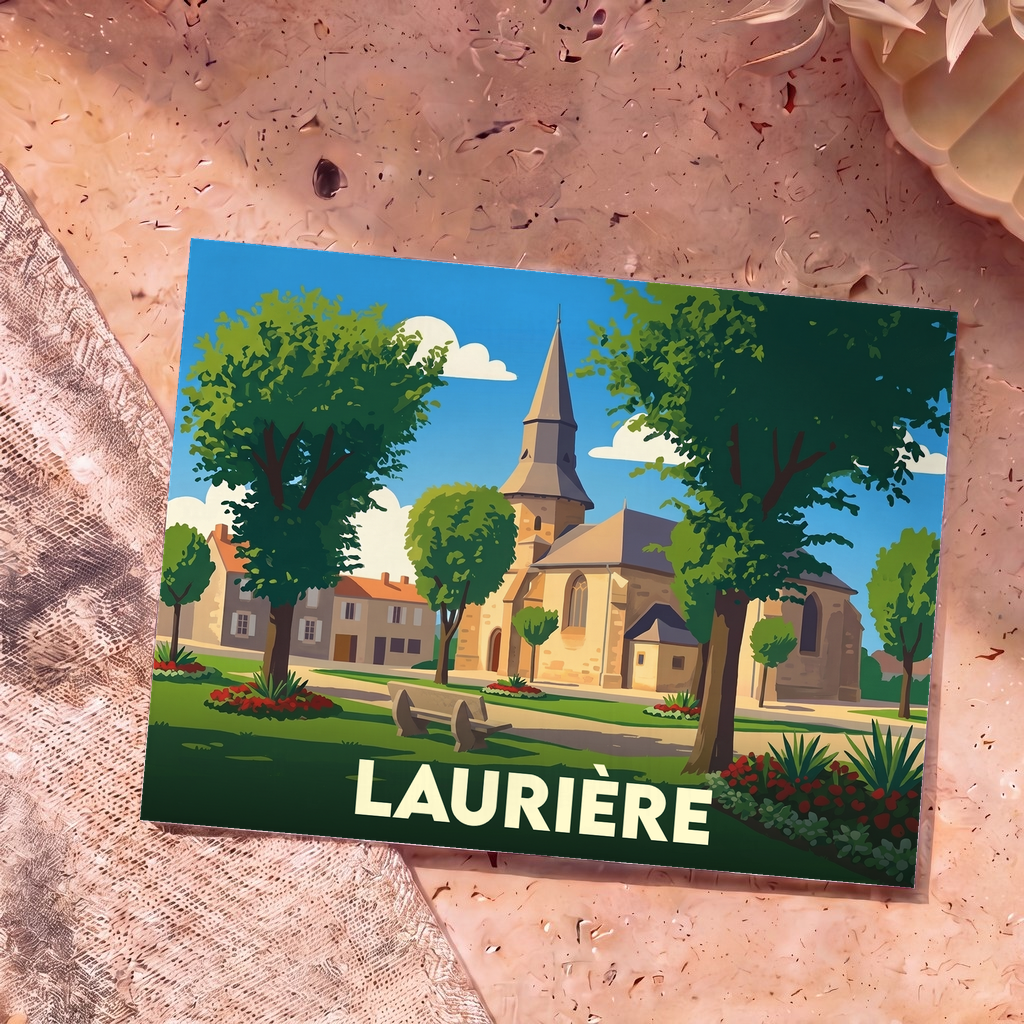 Carte postale souvenir de la ville de Laurière avec une illustration colorée et stylisée de son église et de son parc.