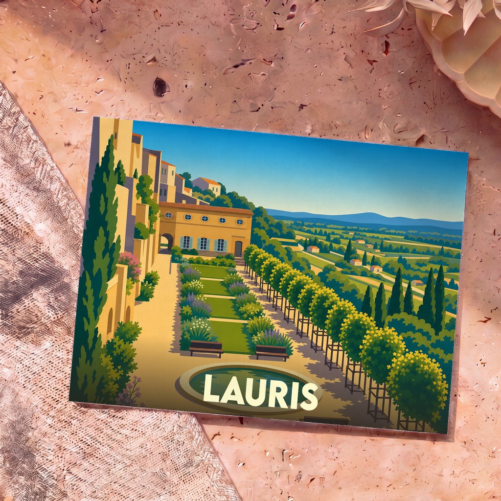 Carte postale souvenir de la ville de Lauris représentant ses jardins en terrasse et le panorama sur la vallée avec une illustration stylisée.